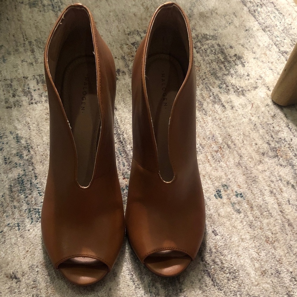 Halogen Tan Brown Peep-Toe Ankle Booties